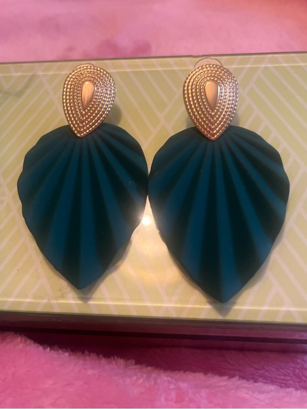 Gold Teardrop Top with Dark Teal Fan Leaf Drop Earrings